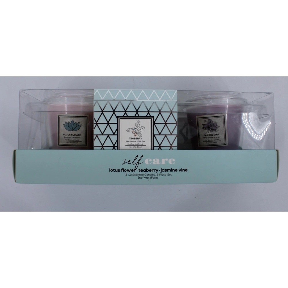 Self Care Votive Candle Set 3pc Lotus Flower Teaberry Jasmine Vine Soy Scented